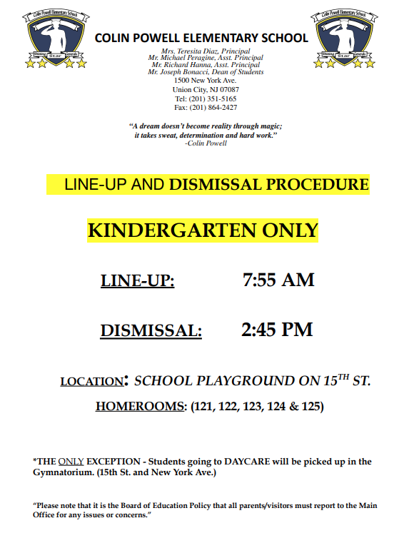 Line-Up and Dismissal Procedure-Kindergarten Only