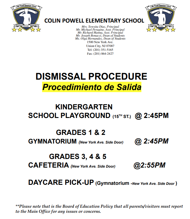 Morning Drop-Off and Dismissal Procedures-Colin Powell School-English