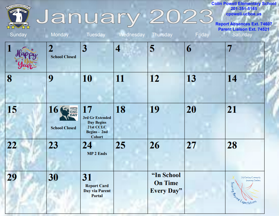 January 2023 Calendar-Colin Powell School